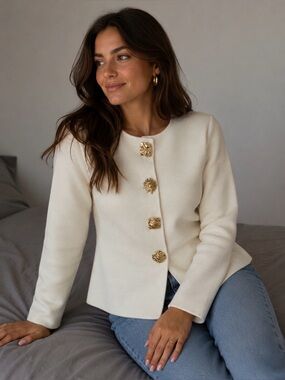 Galita Off White Collarless Jacket with Decorative Gold Buttons